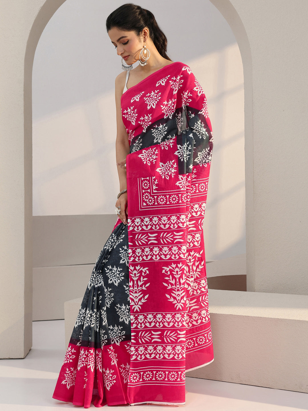  Grey Floral Print Cotton Saree 