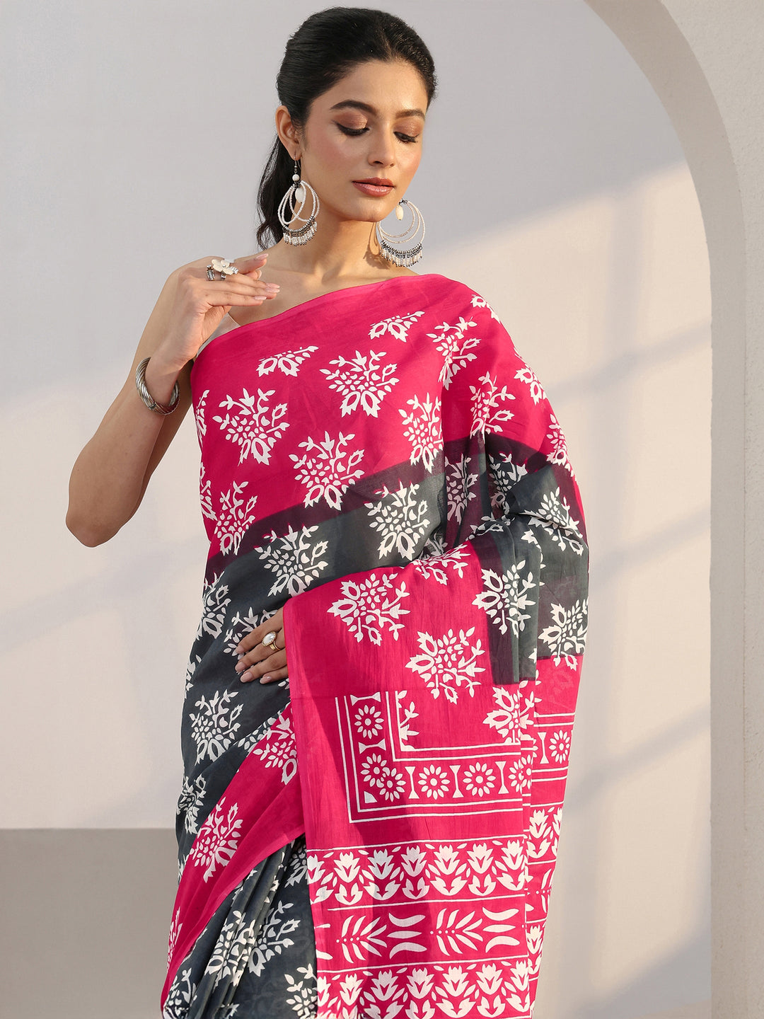  Grey Floral Print Cotton Saree 