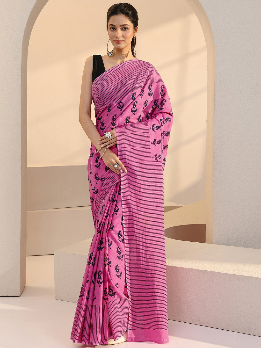  Rose Pink Paisley Print Cotton Saree 