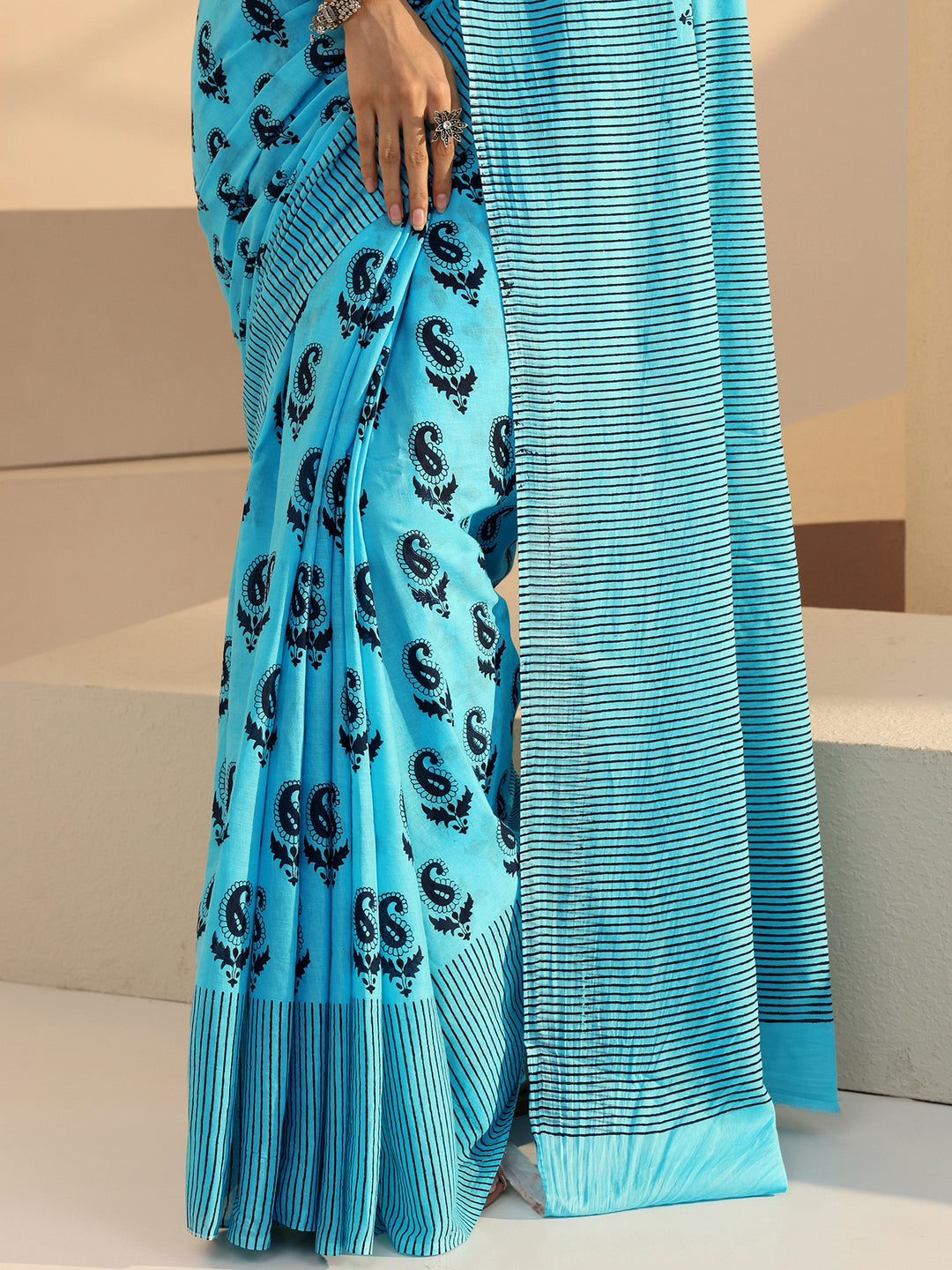  Sky Blue Paisley Print Cotton Saree 