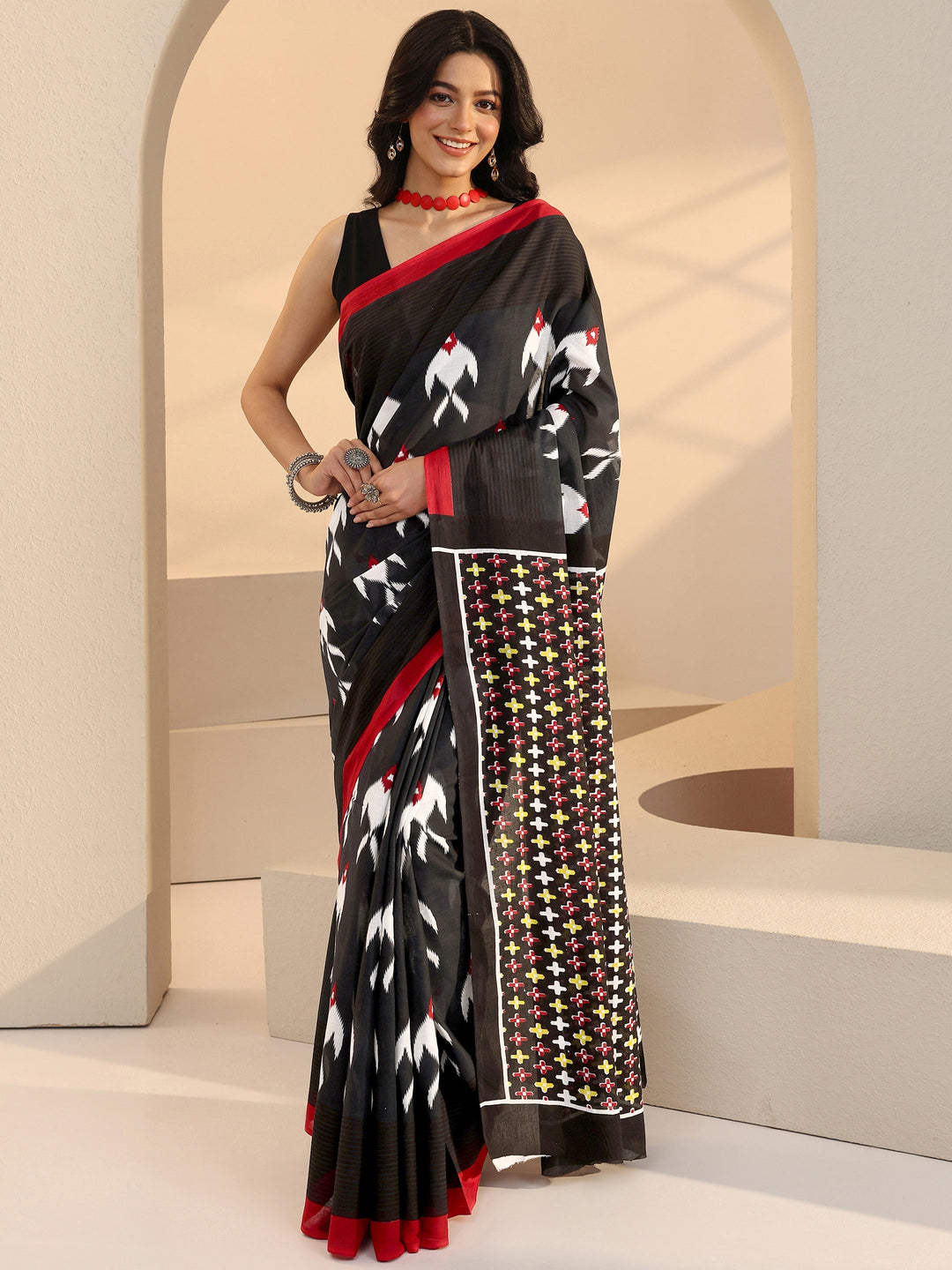  Black Fish Print Cotton Saree 