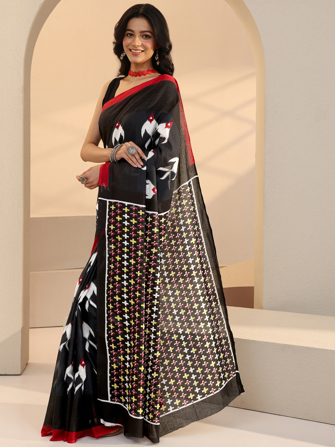  Black Fish Print Cotton Saree 