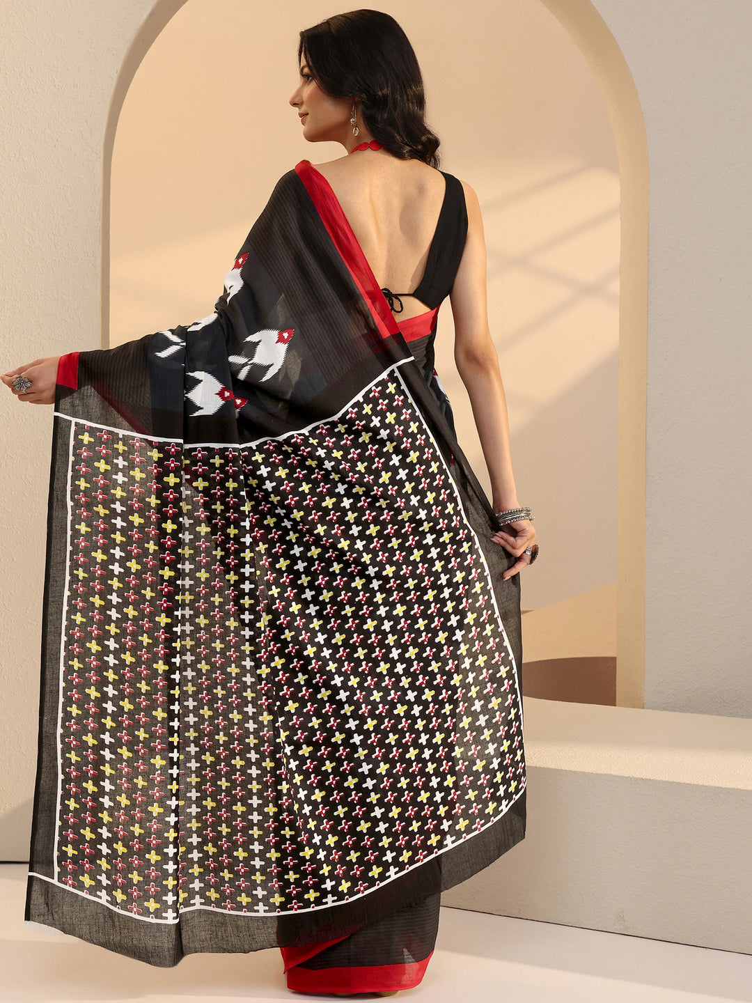  Black Fish Print Cotton Saree 