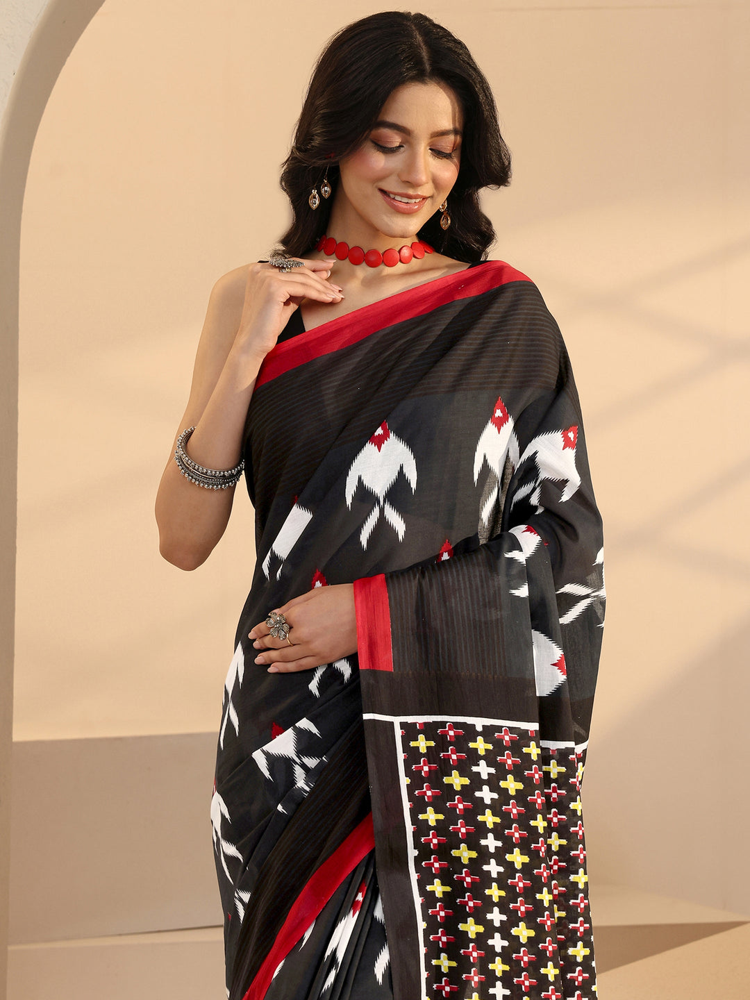  Black Fish Print Cotton Saree 