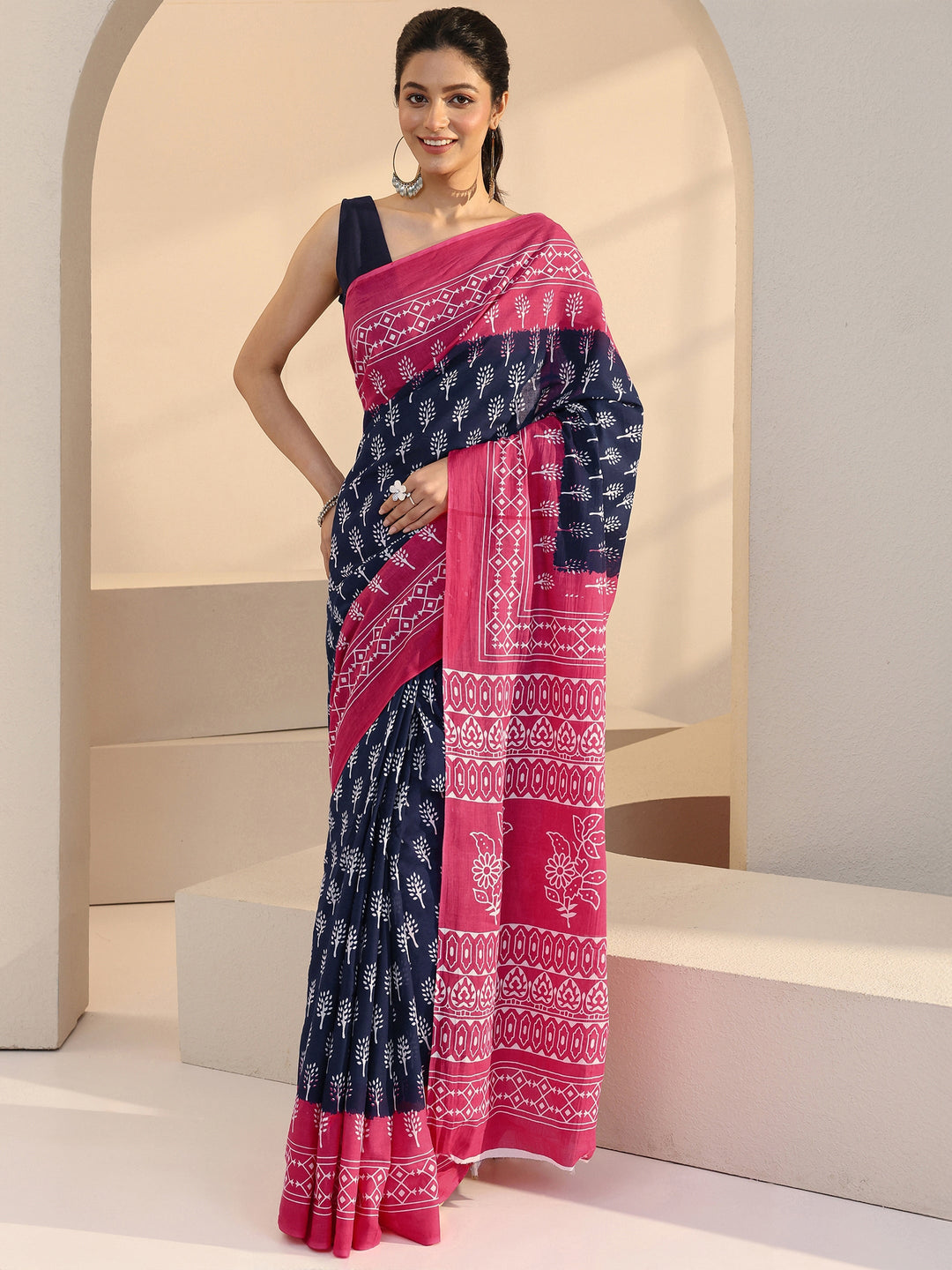  Navy Floral Dabu Print Cotton Saree 