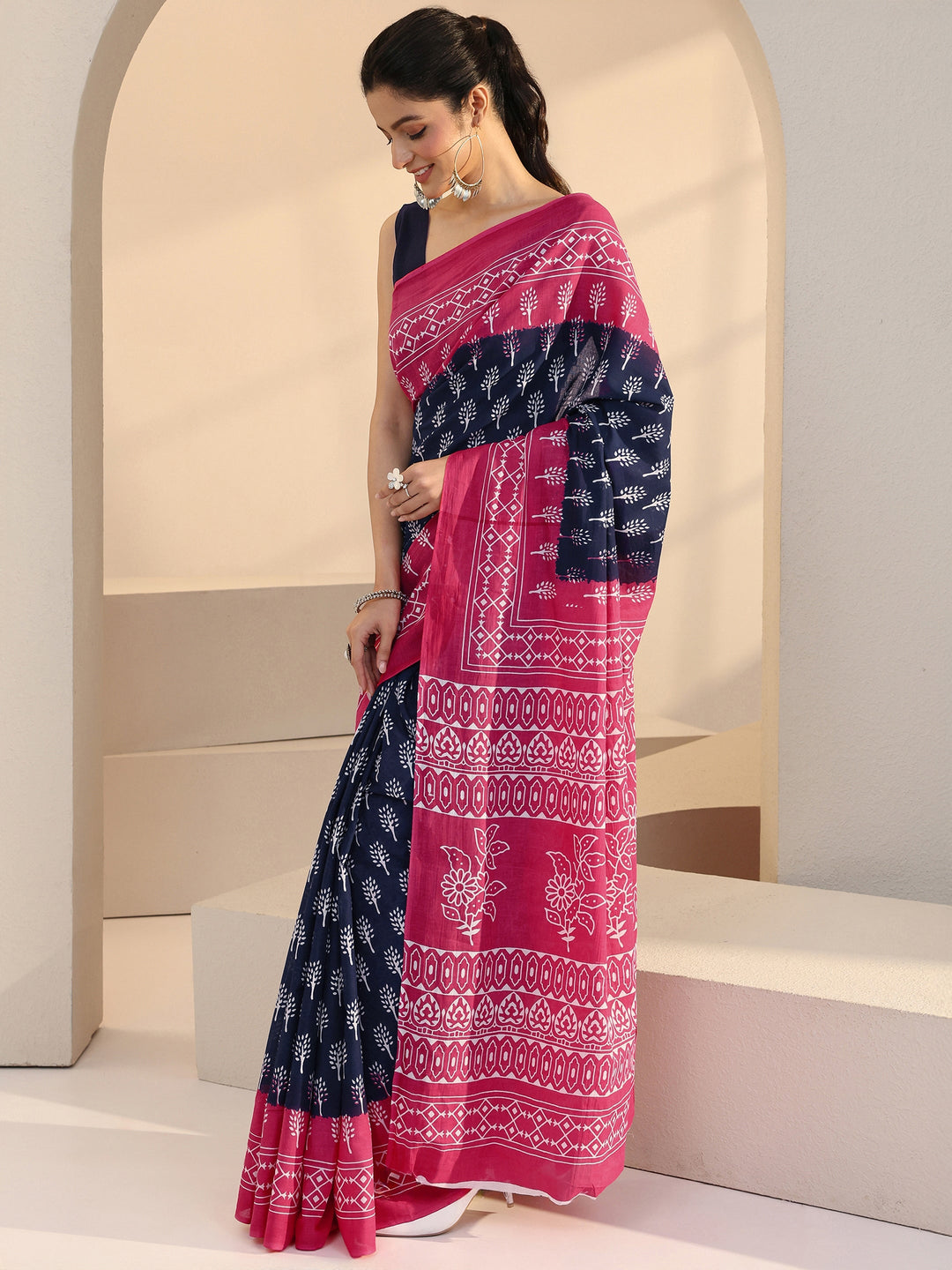  Navy Floral Dabu Print Cotton Saree 
