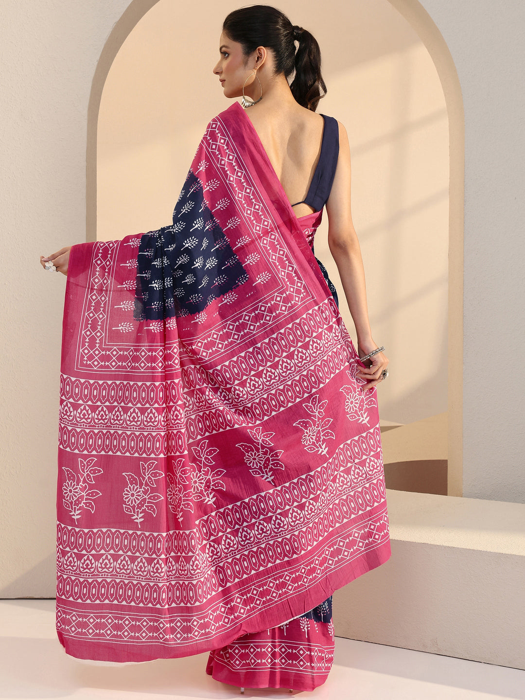  Navy Floral Dabu Print Cotton Saree 