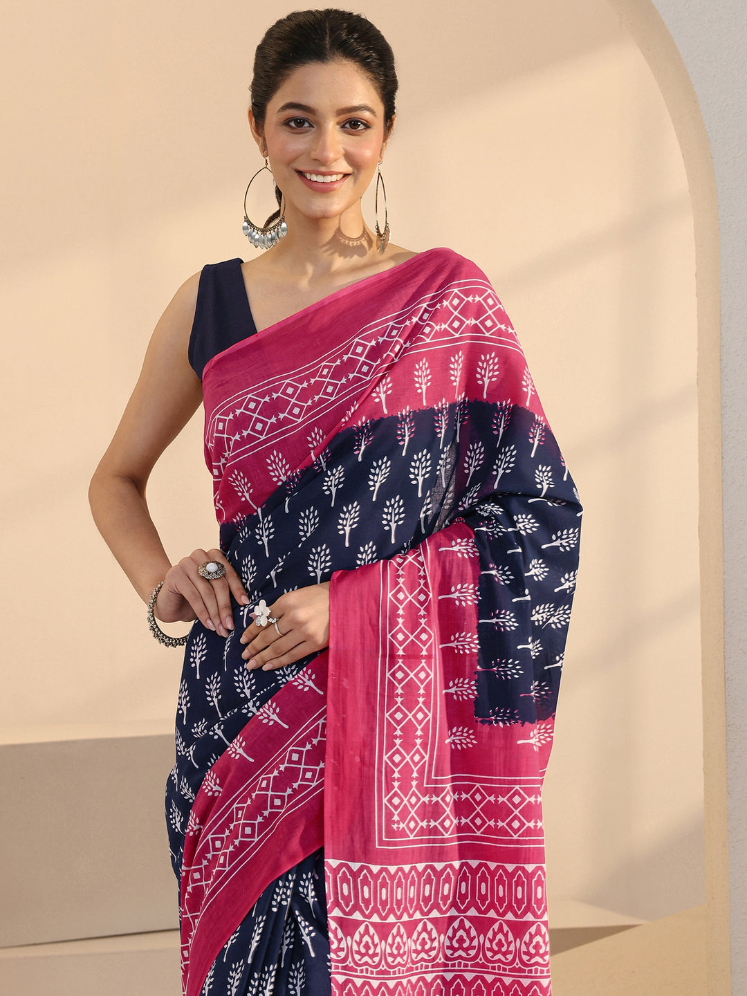  Navy Floral Dabu Print Cotton Saree 