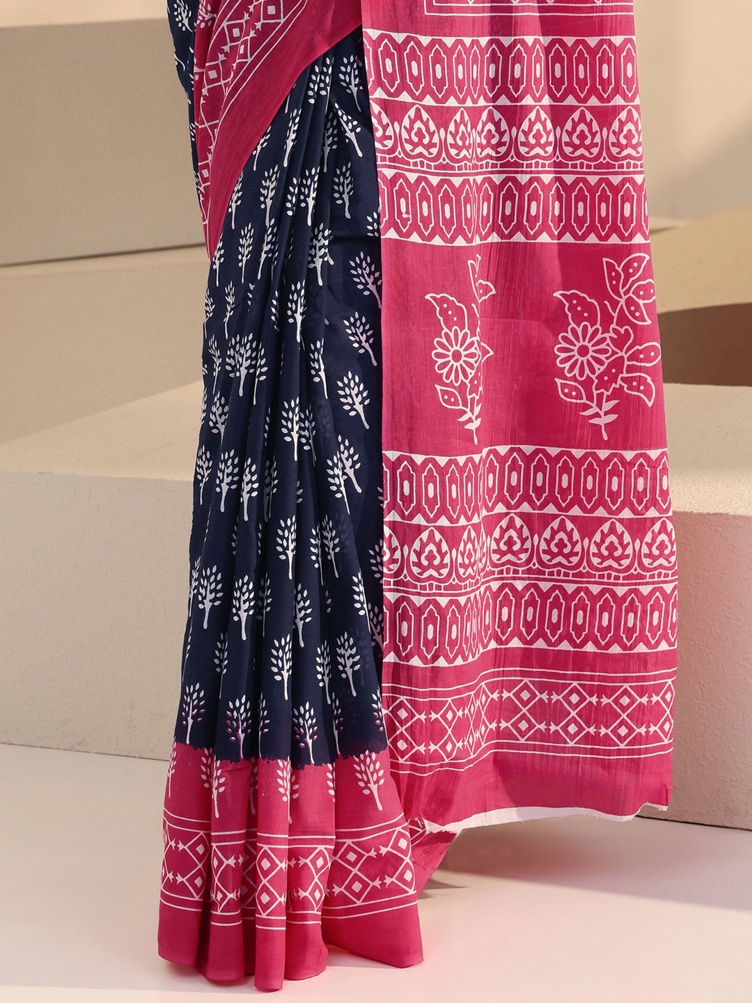  Navy Floral Dabu Print Cotton Saree 