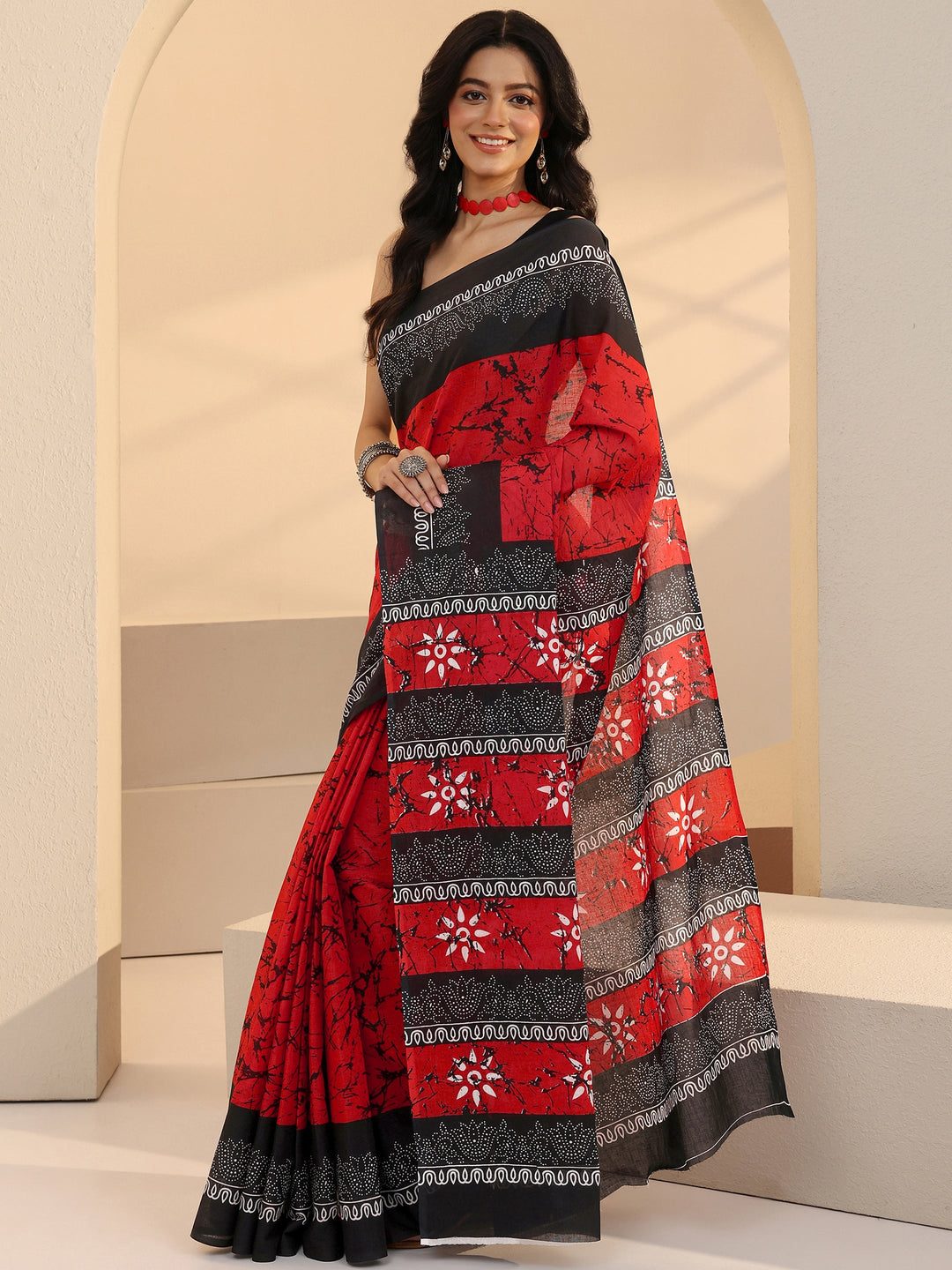  Red Batik Print Cotton Saree 