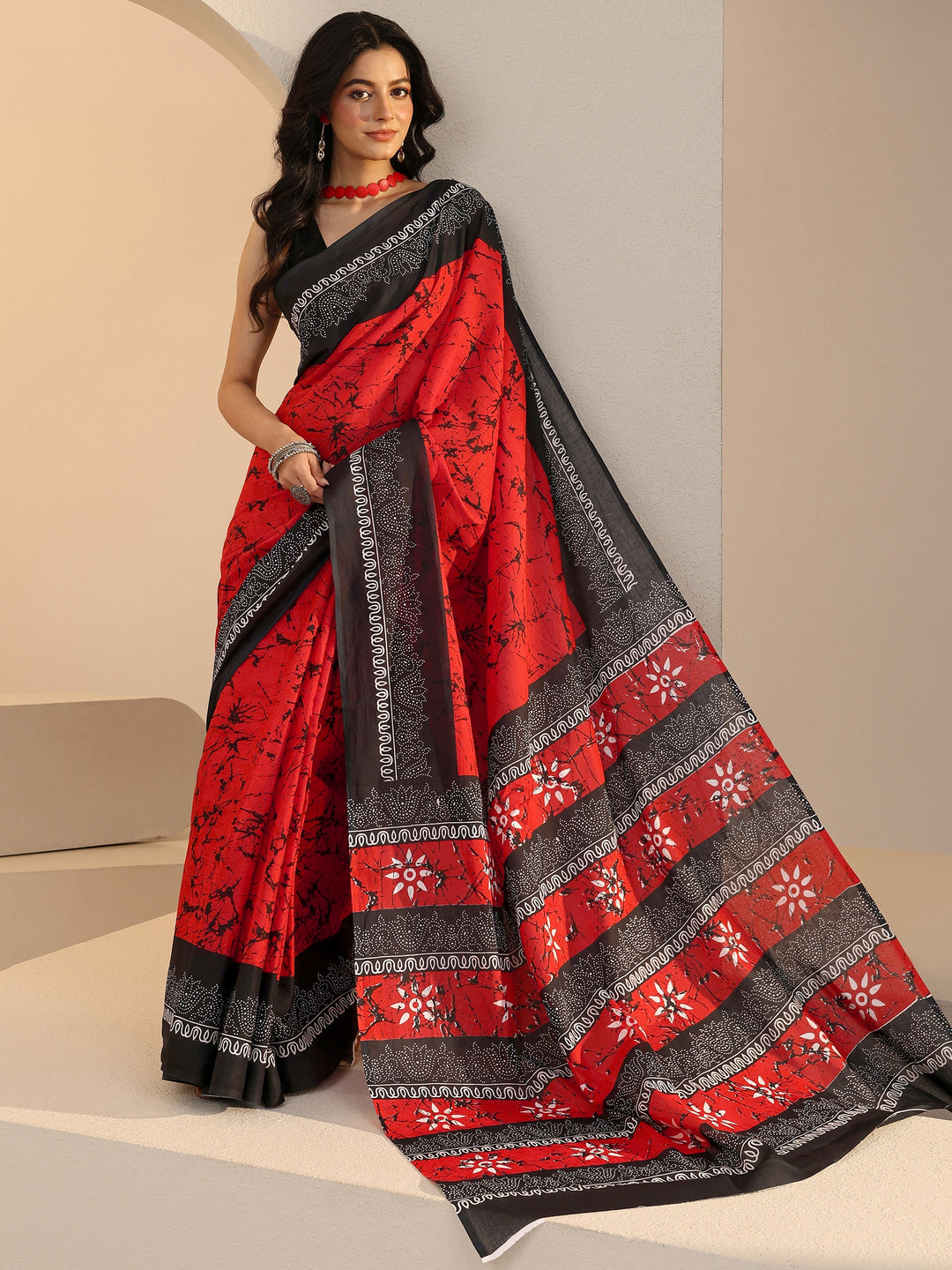  Red Batik Print Cotton Saree 