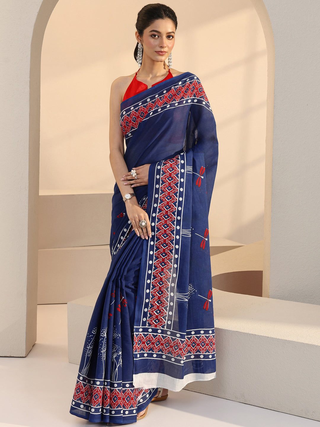  Blue Dragonfly Print Cotton Saree 
