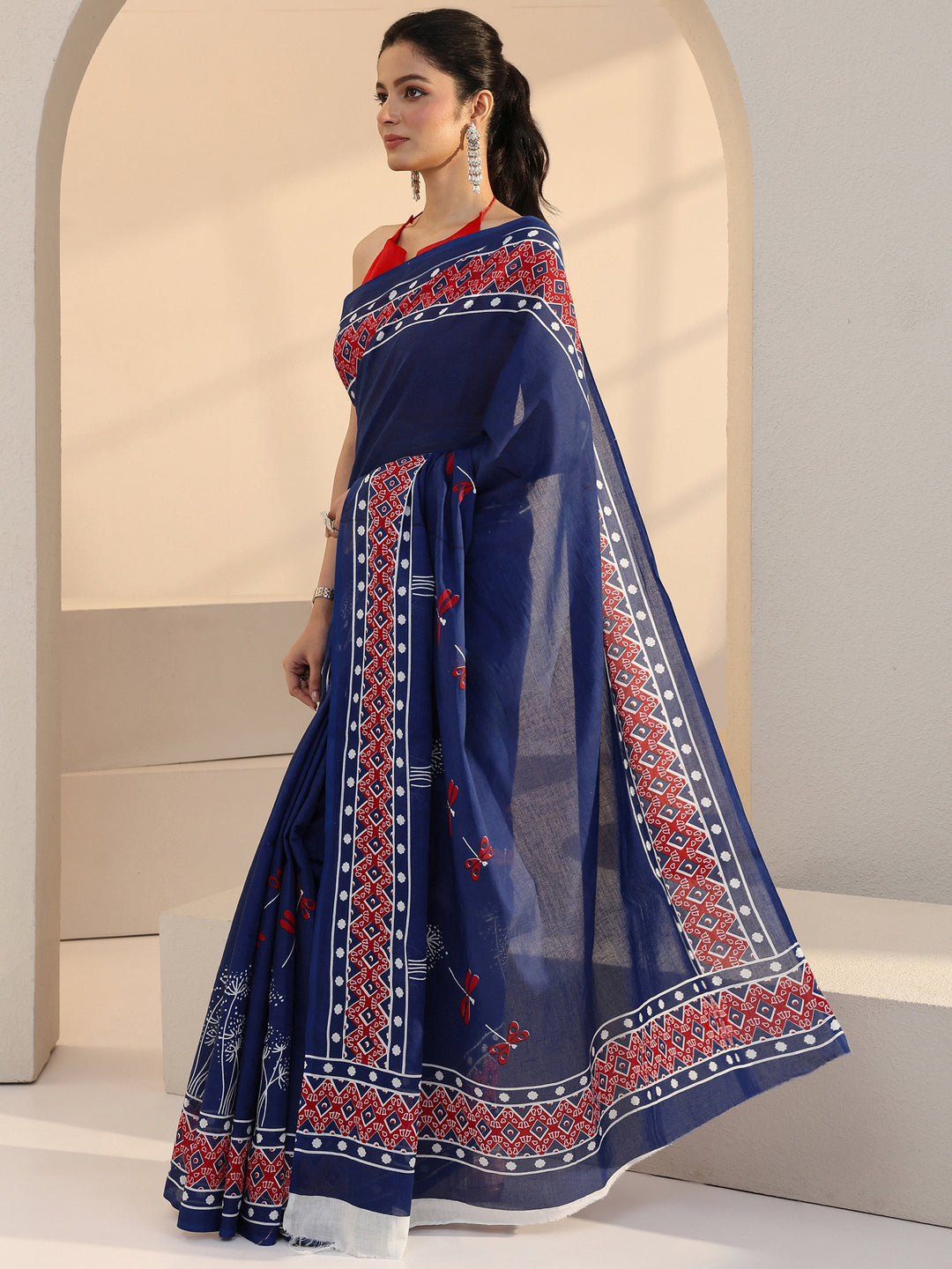  Blue Dragonfly Print Cotton Saree 