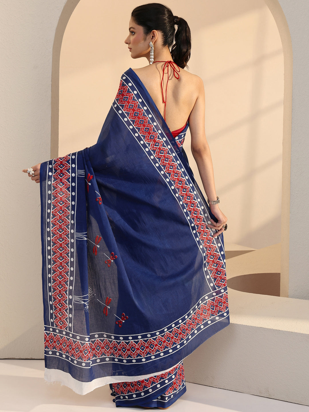  Blue Dragonfly Print Cotton Saree 