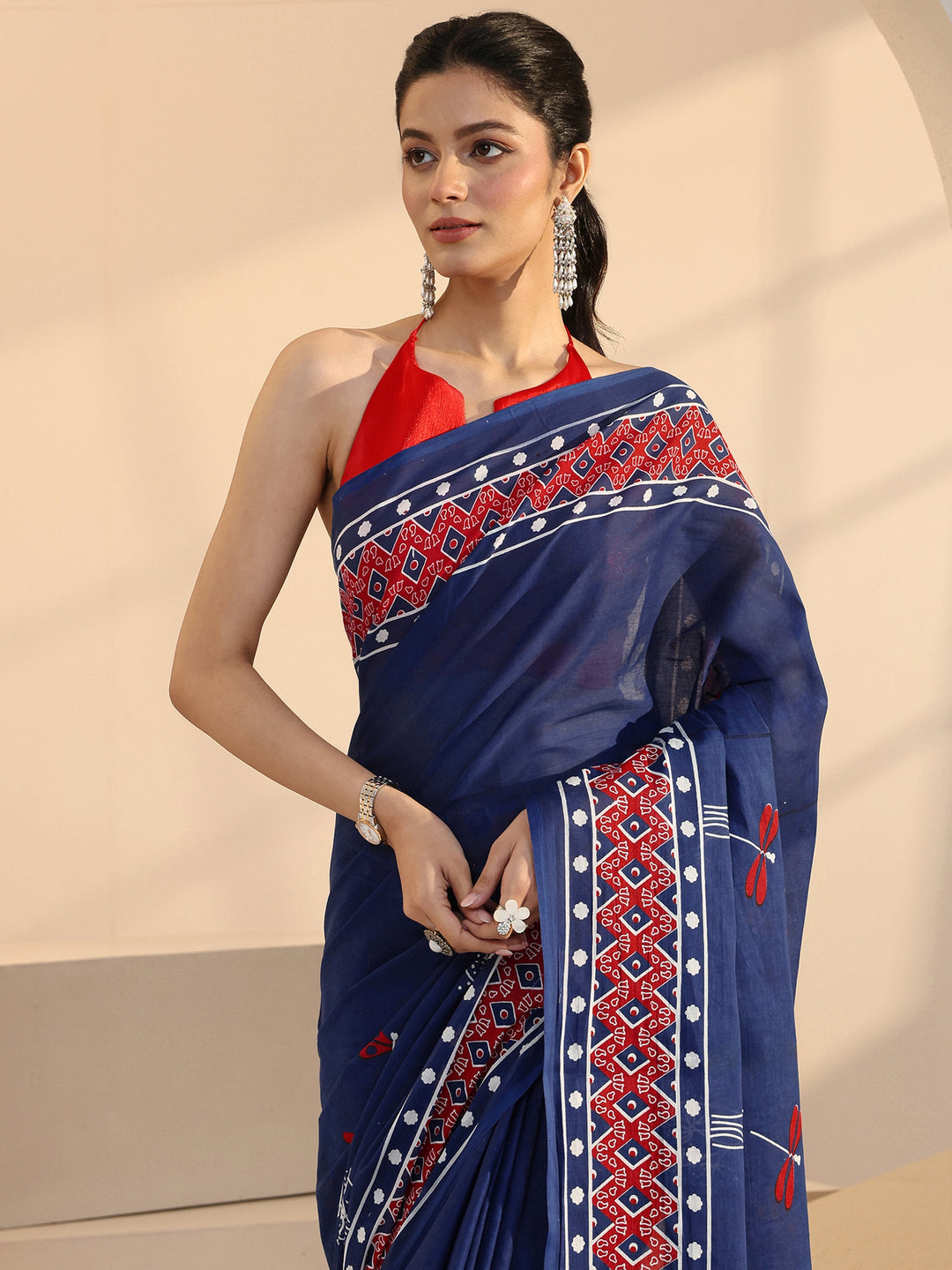  Blue Dragonfly Print Cotton Saree 