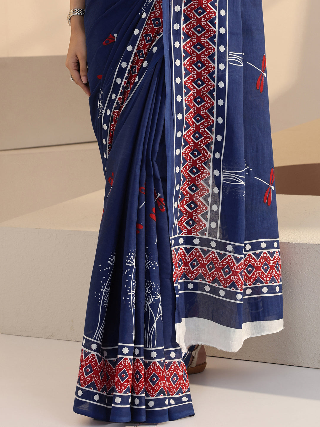  Blue Dragonfly Print Cotton Saree 
