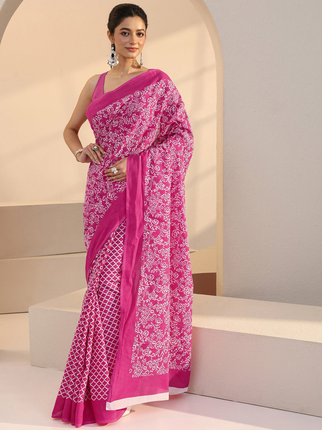  Pink Floral Print Cotton Saree 
