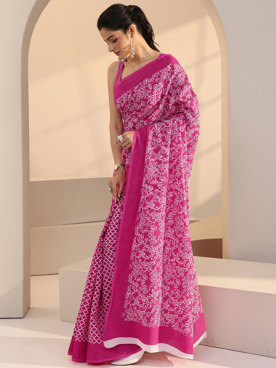  Pink Floral Print Cotton Saree 