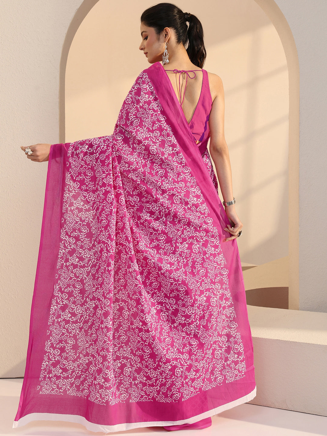  Pink Floral Print Cotton Saree 