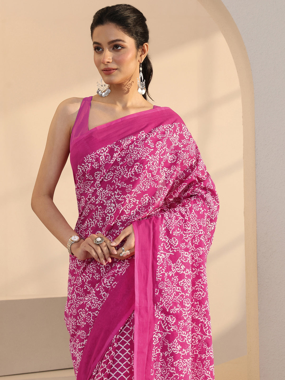  Pink Floral Print Cotton Saree 