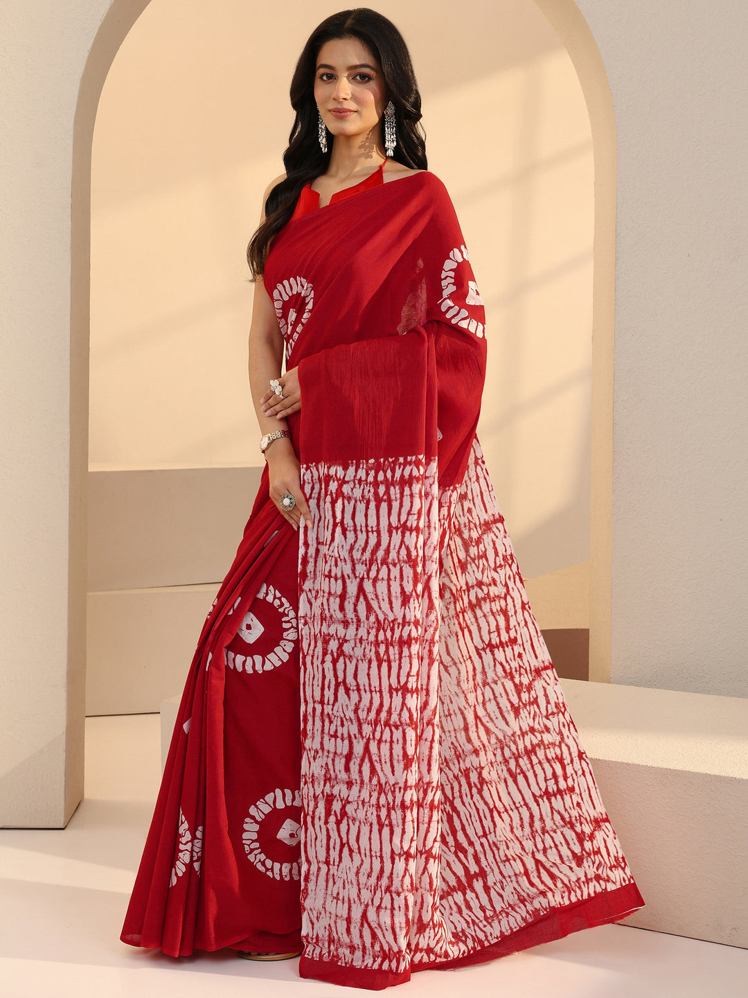  Red Shibori Print Cotton Saree 