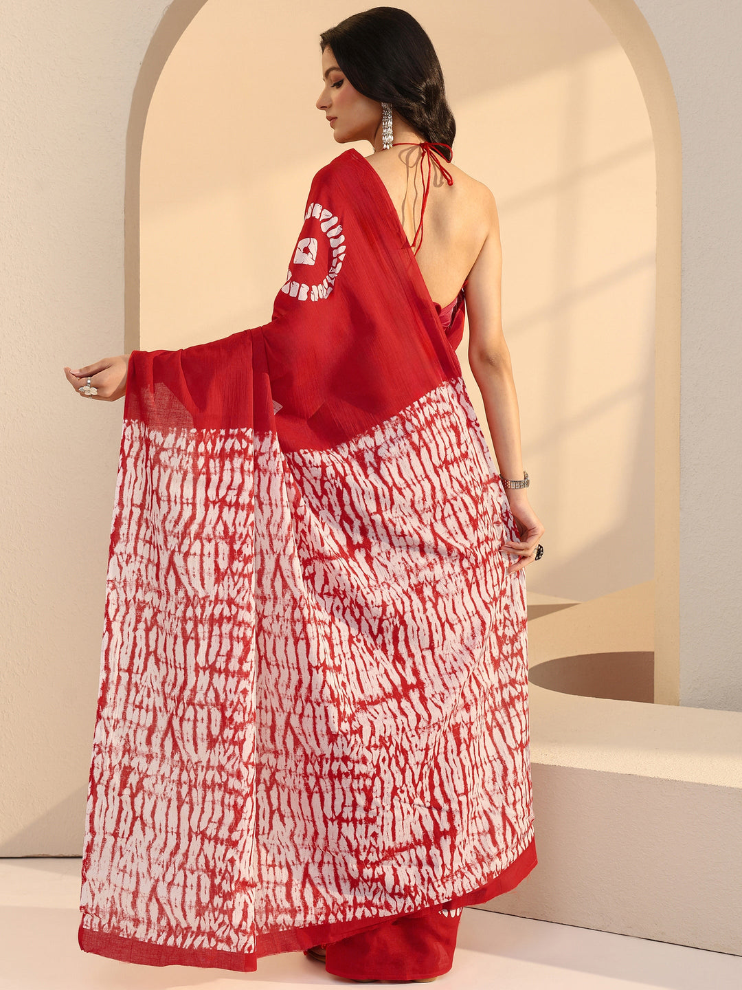  Red Shibori Print Cotton Saree 
