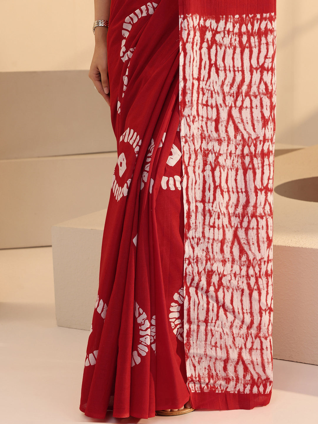  Red Shibori Print Cotton Saree 