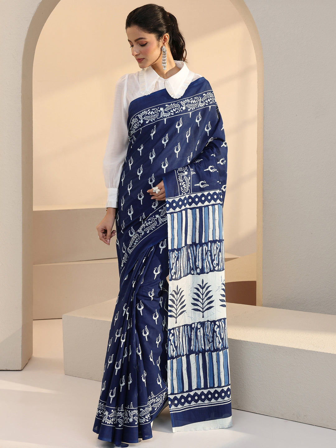 Indigo Peacock Print Cotton Saree 