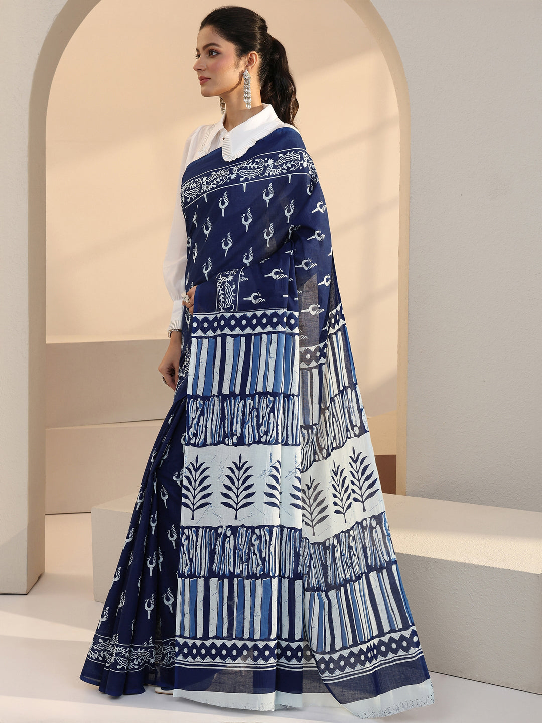  Indigo Peacock Print Cotton Saree 