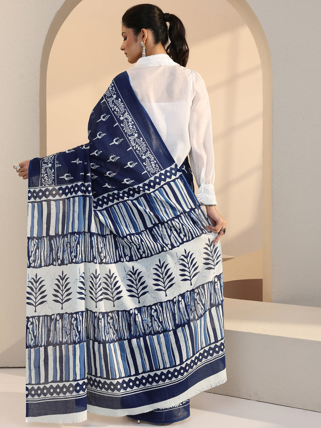  Indigo Peacock Print Cotton Saree 
