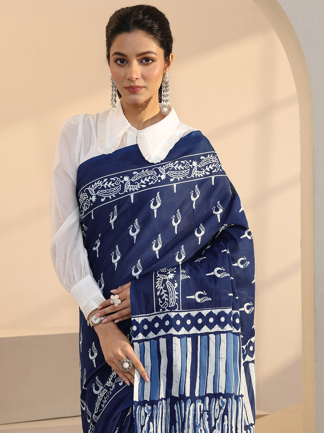  Indigo Peacock Print Cotton Saree 