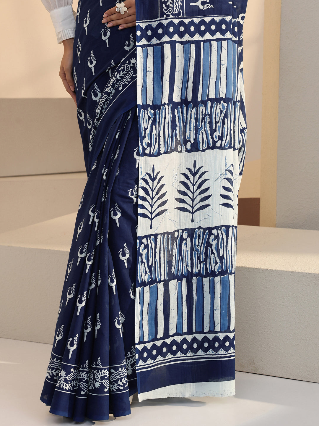  Indigo Peacock Print Cotton Saree 
