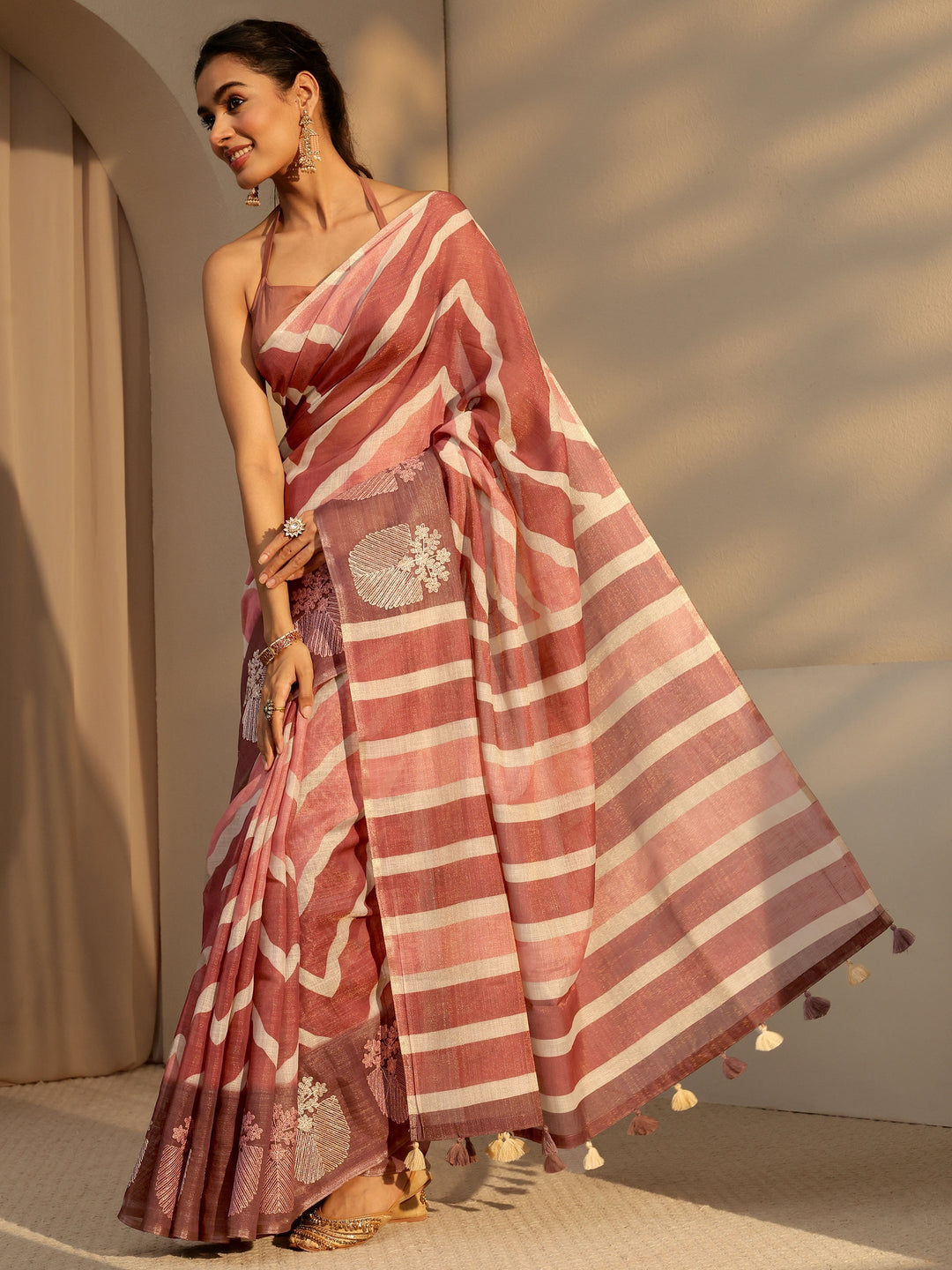  Brown Chevron Printed Cotton Blend Saree 