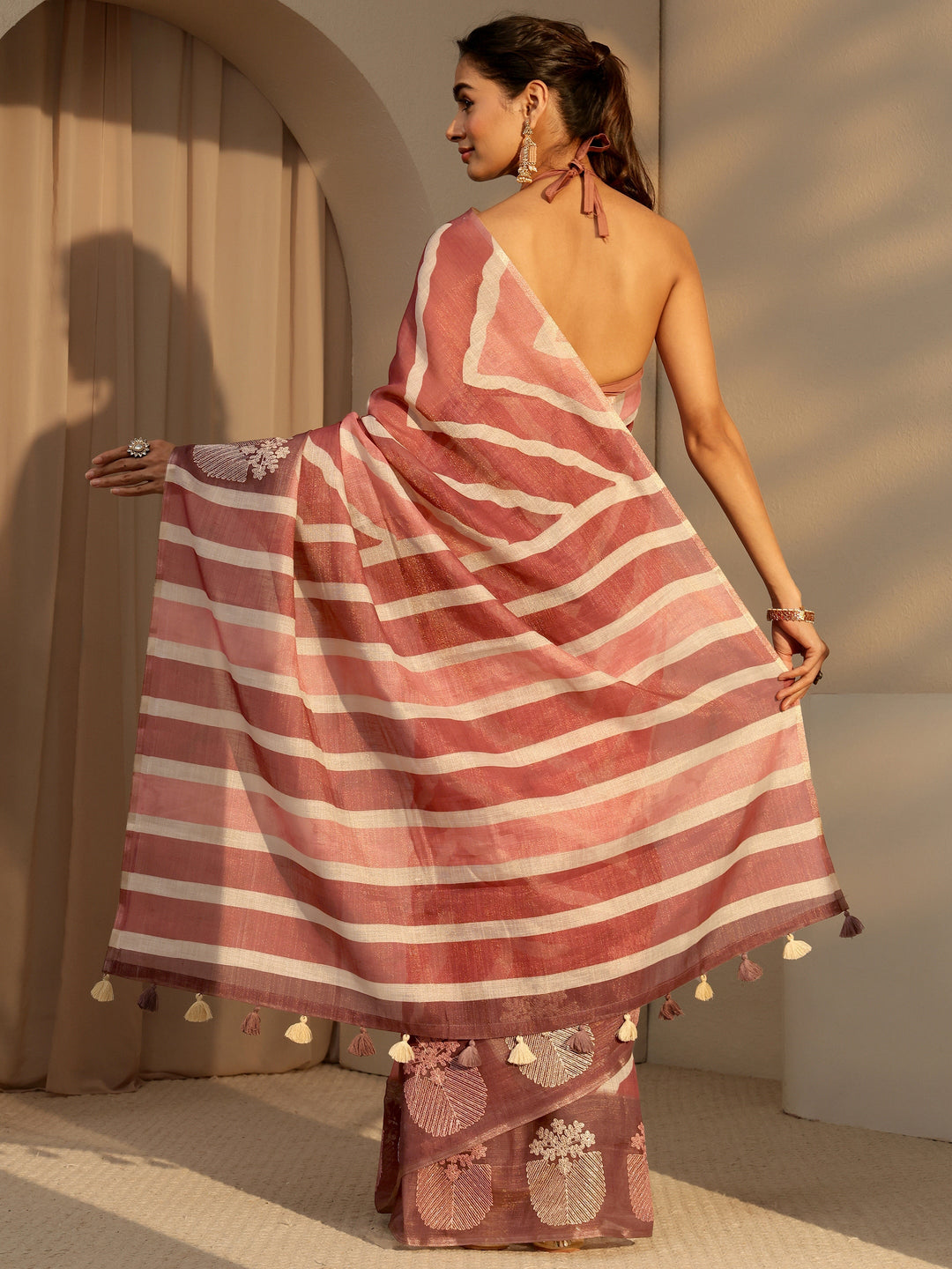  Brown Chevron Printed Cotton Blend Saree 