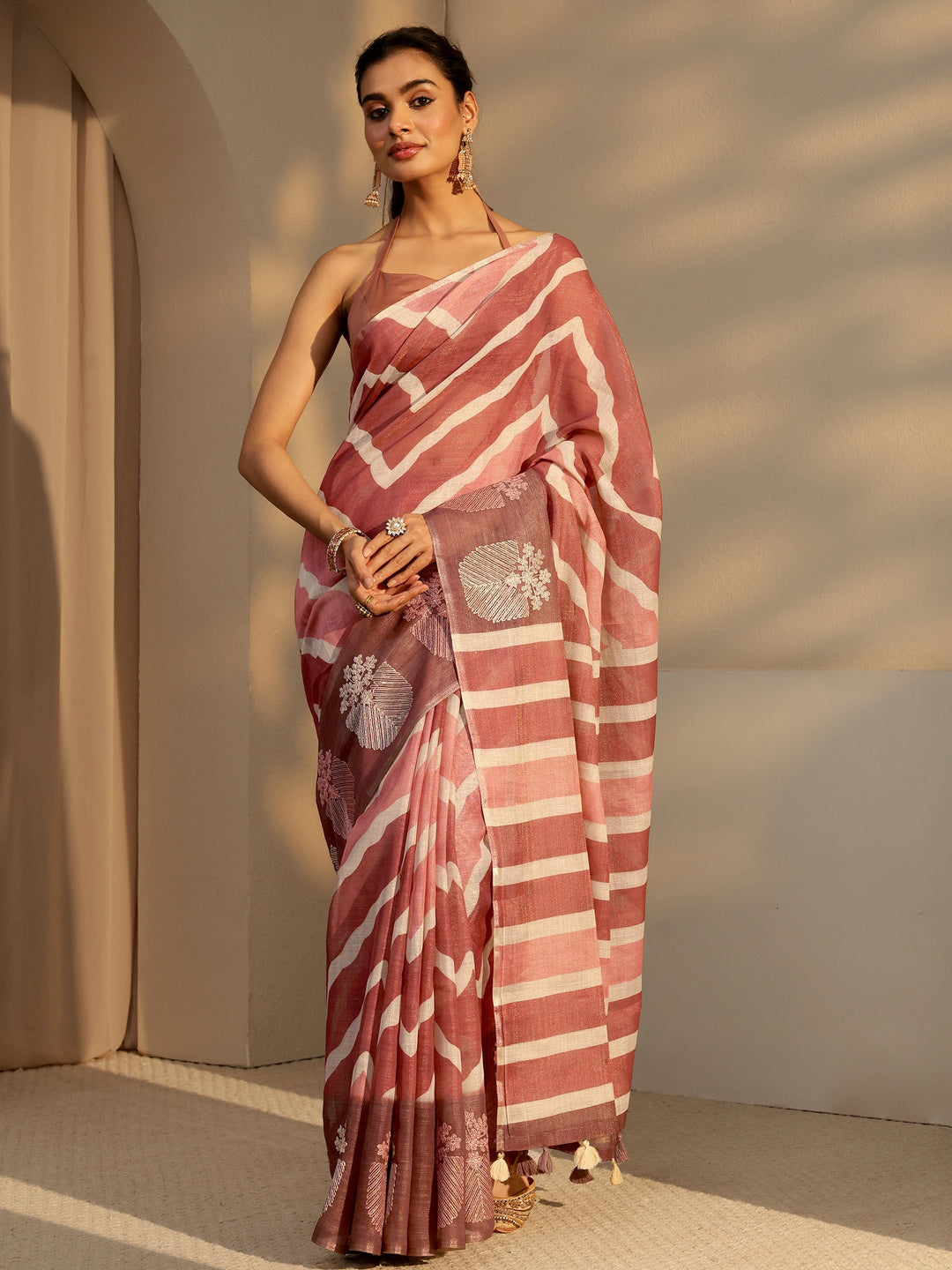  Brown Chevron Printed Cotton Blend Saree 