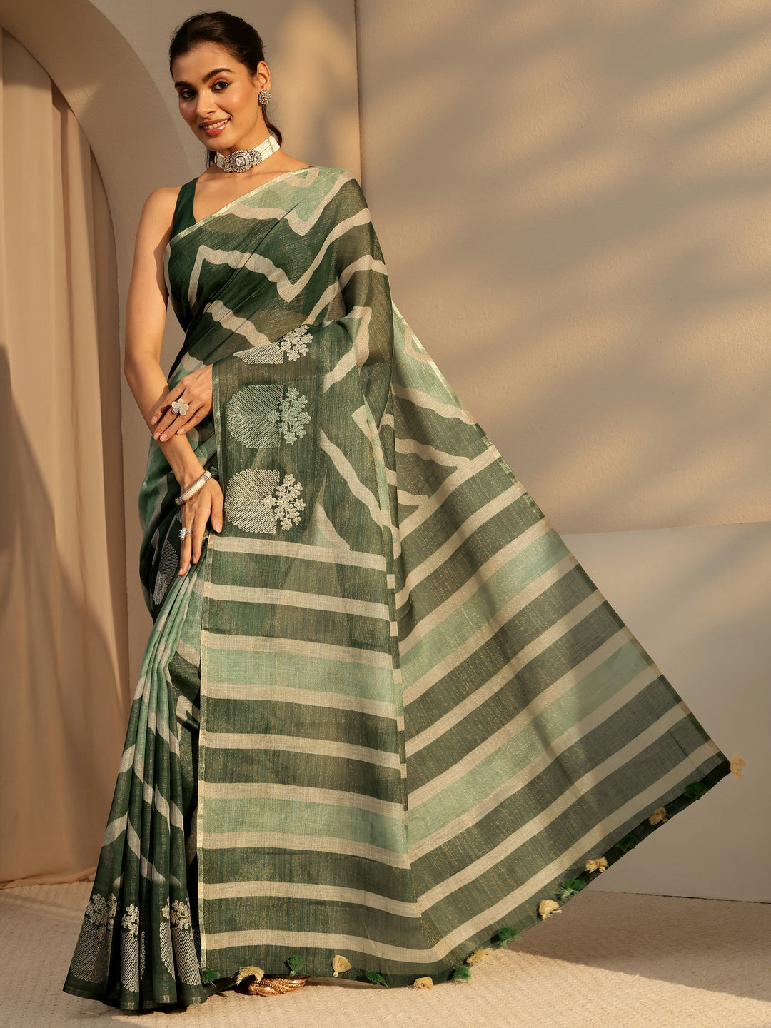  Olive Green Chevron Printed Cotton Blend Saree 