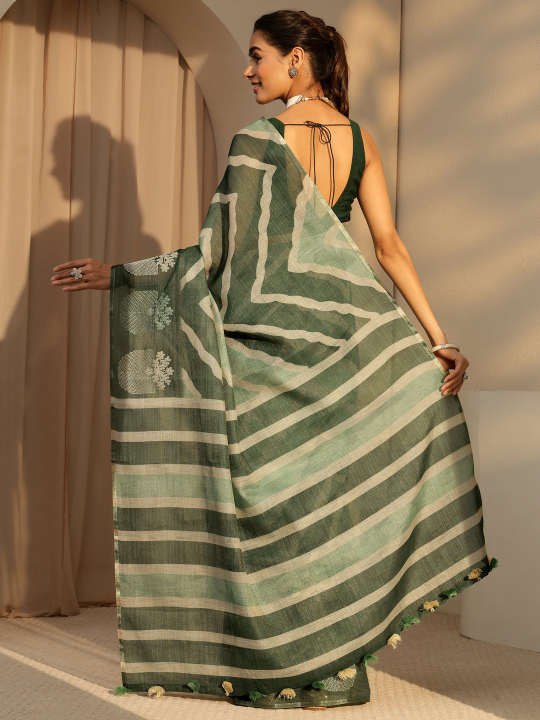  Olive Green Chevron Printed Cotton Blend Saree 