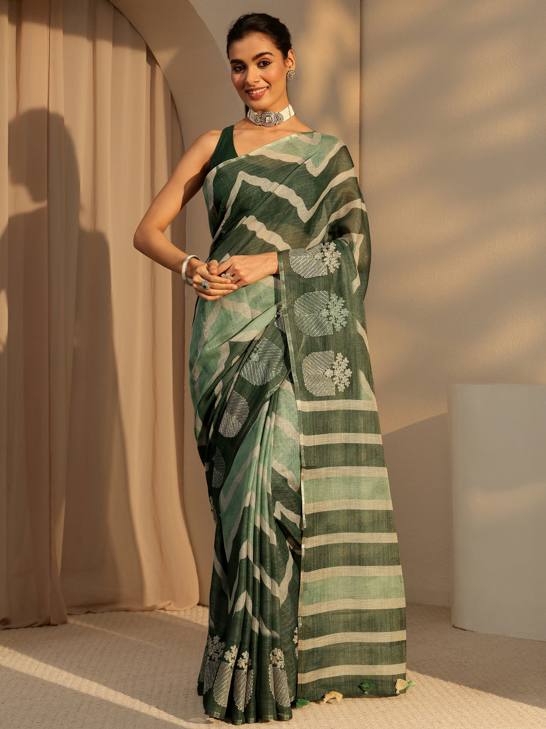  Olive Green Chevron Printed Cotton Blend Saree 