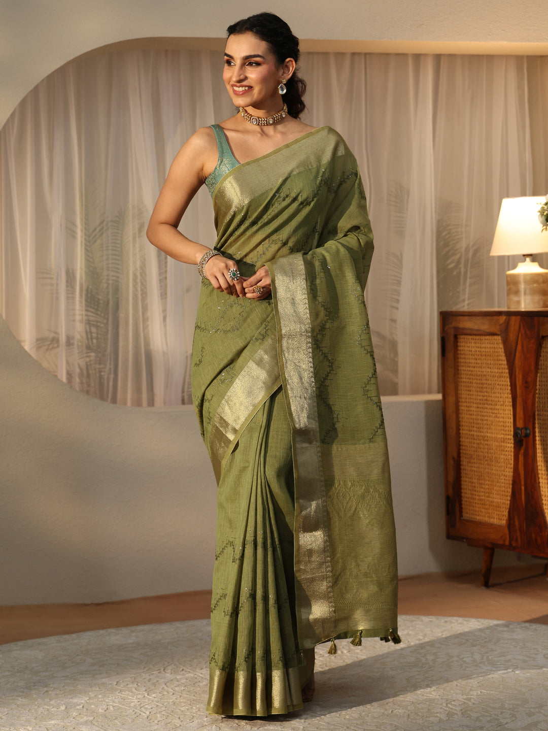  Olive Green Chevron Embroidered Cotton Blend Saree 