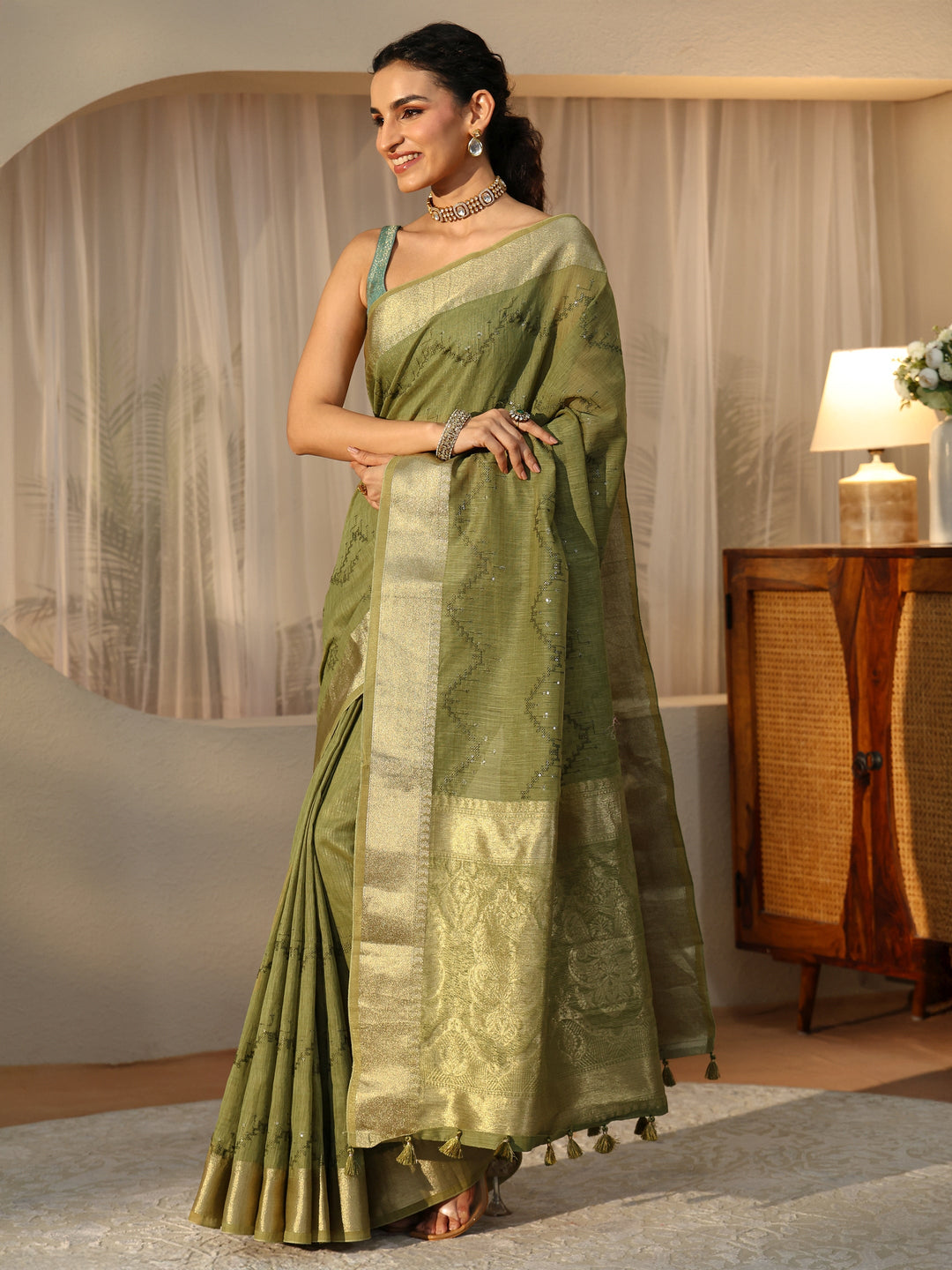  Olive Green Chevron Embroidered Cotton Blend Saree 