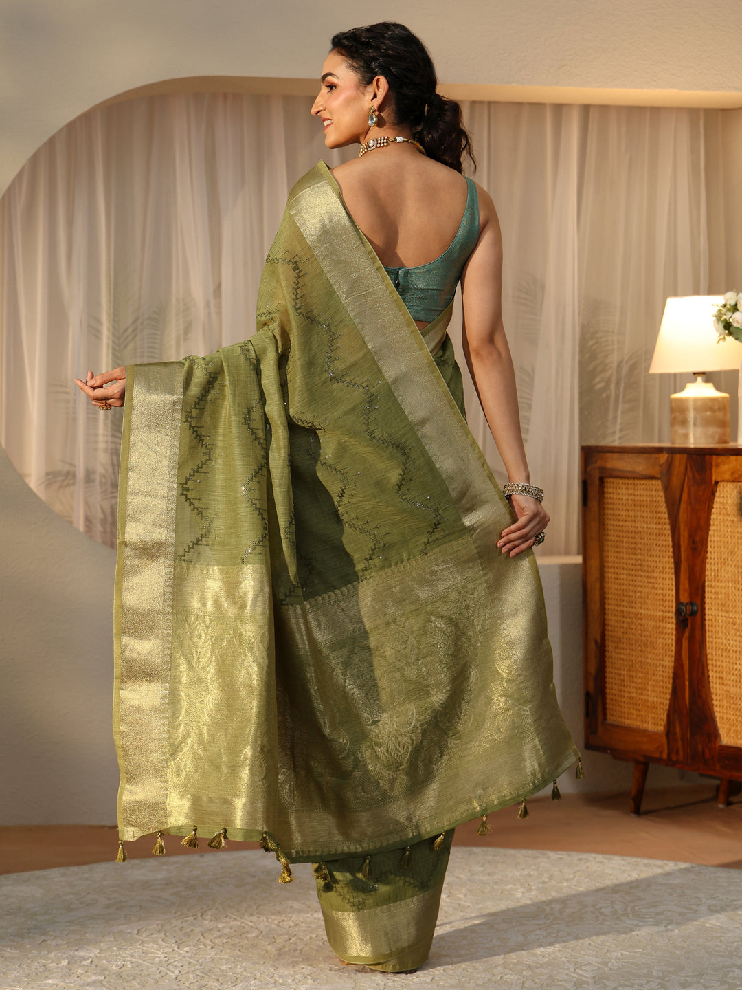  Olive Green Chevron Embroidered Cotton Blend Saree 