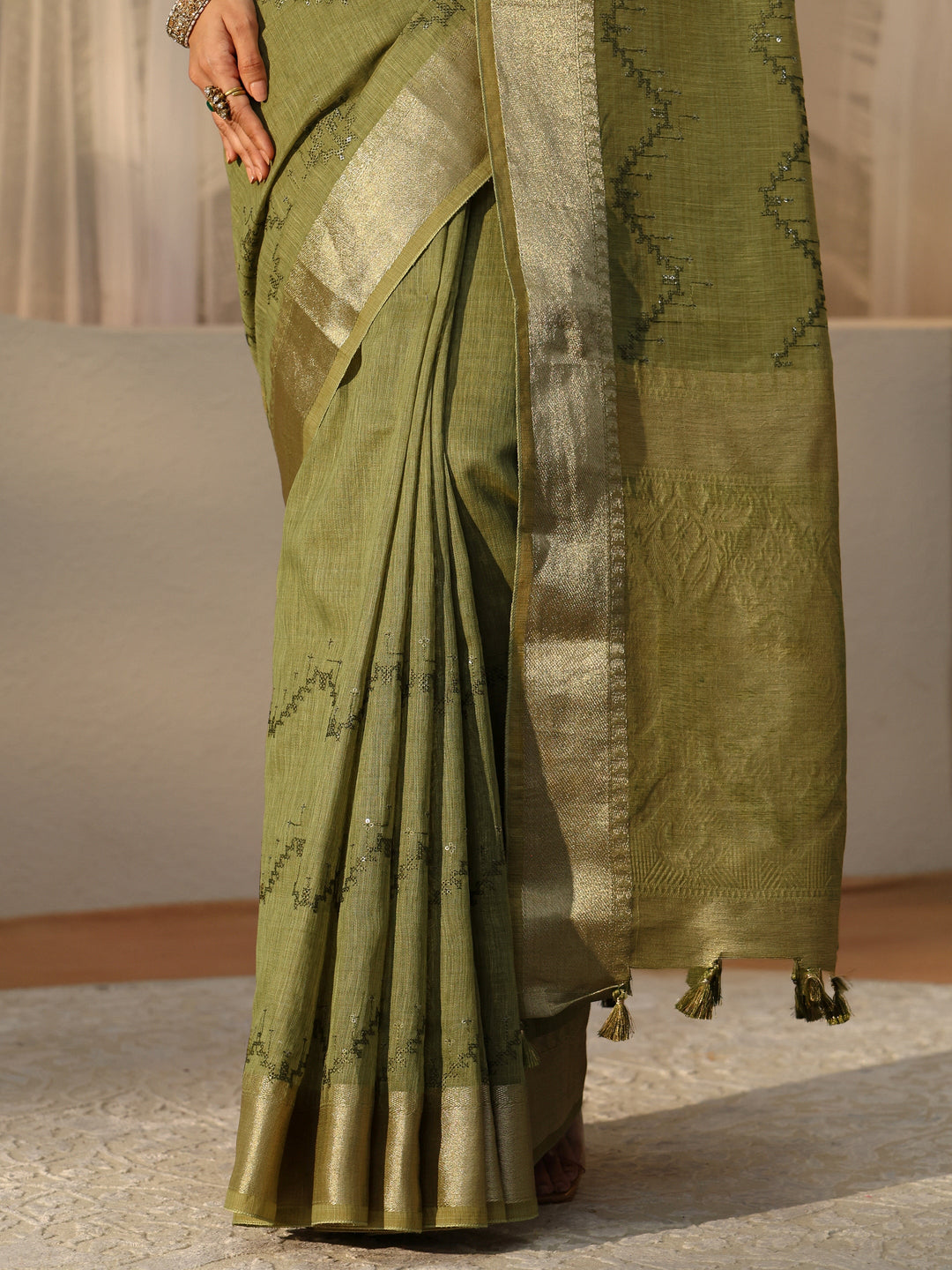  Olive Green Chevron Embroidered Cotton Blend Saree 