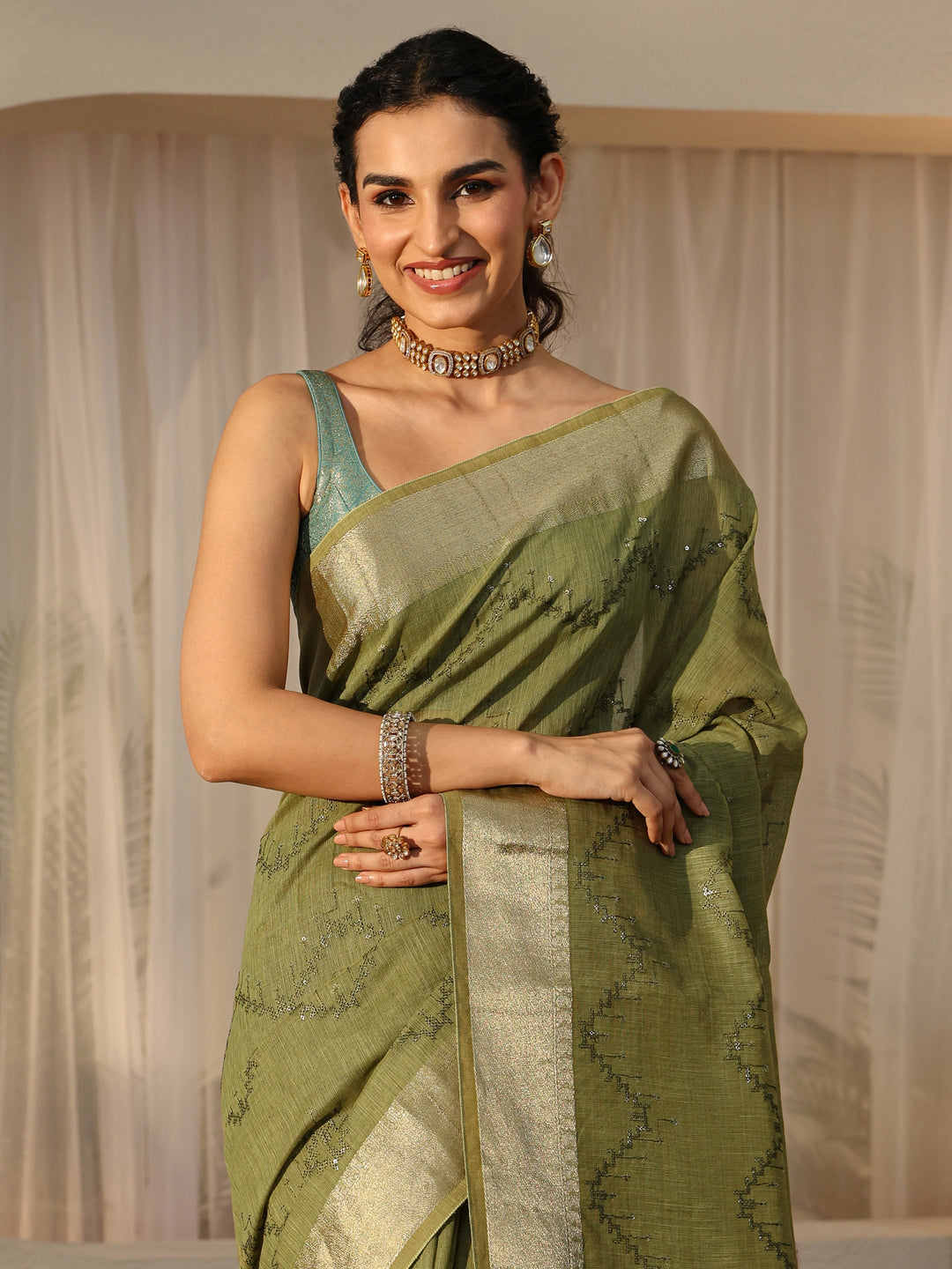  Olive Green Chevron Embroidered Cotton Blend Saree 