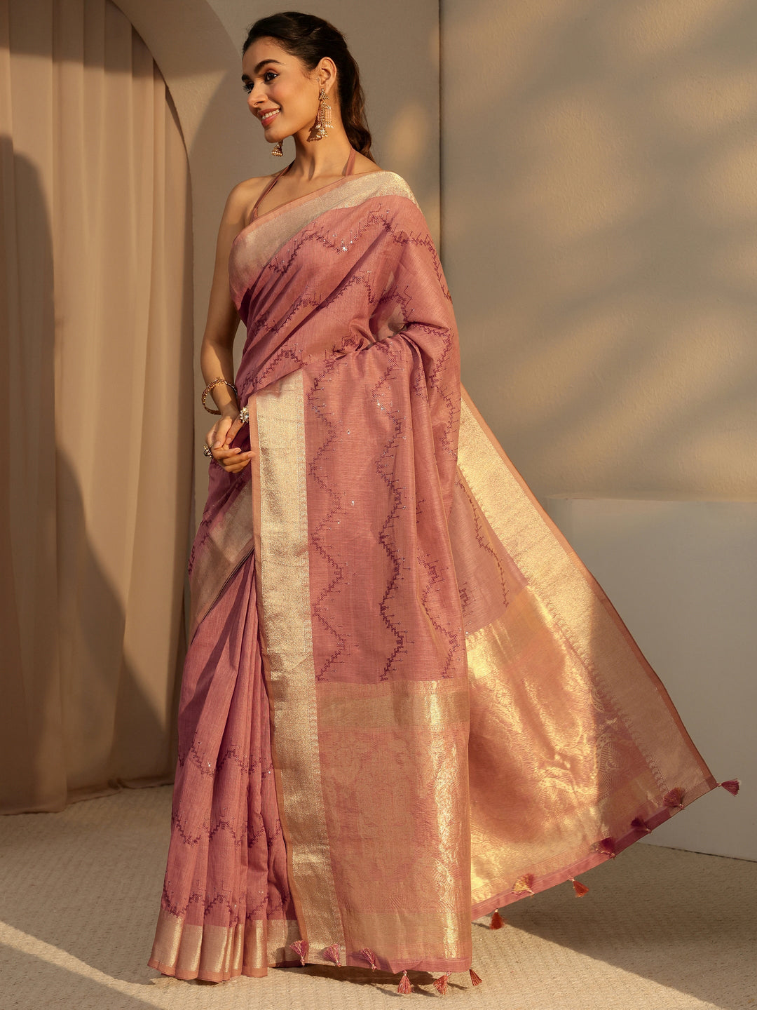  Brown Chevron Embroidered Cotton Blend Saree 
