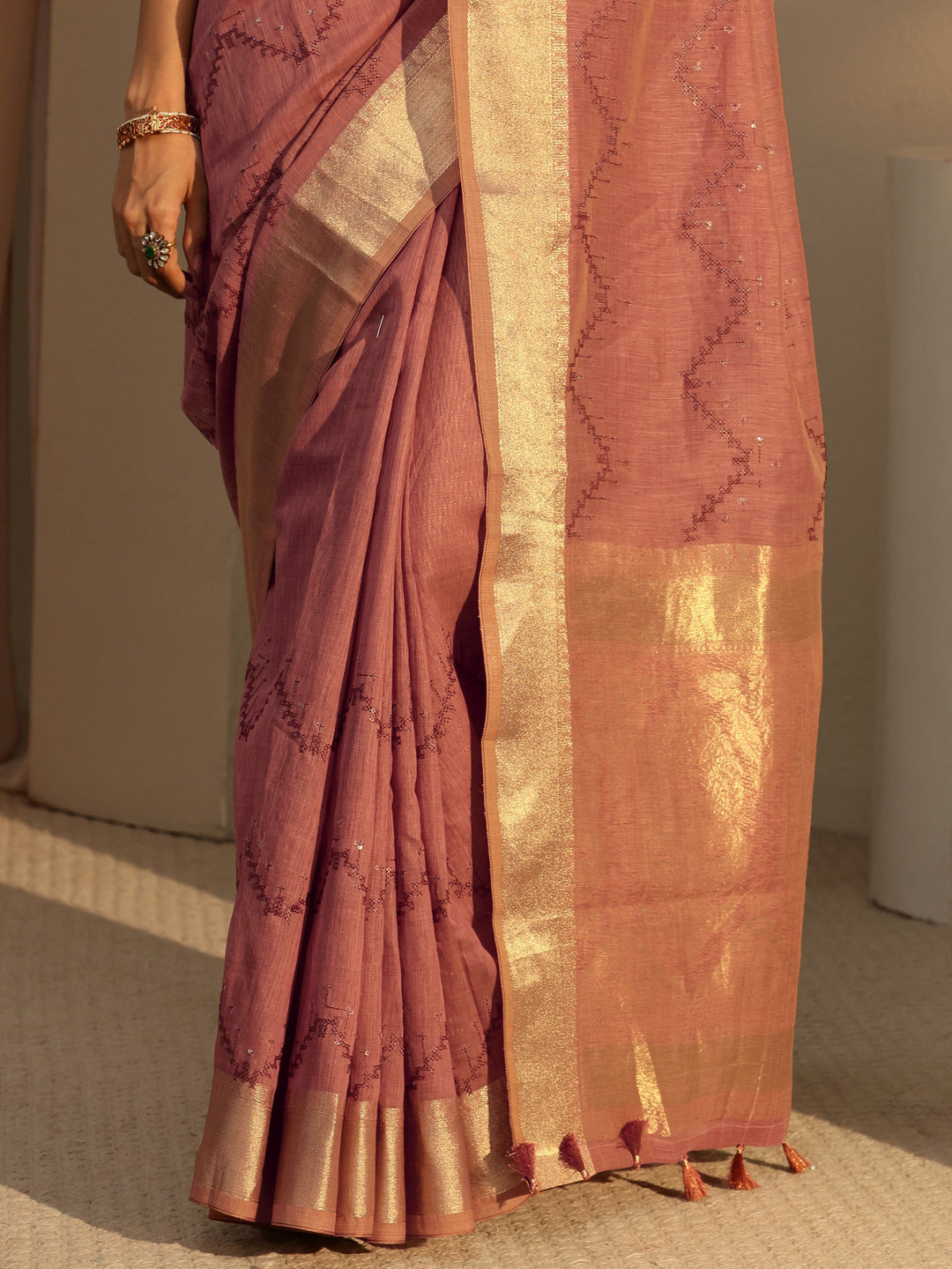  Brown Chevron Embroidered Cotton Blend Saree 