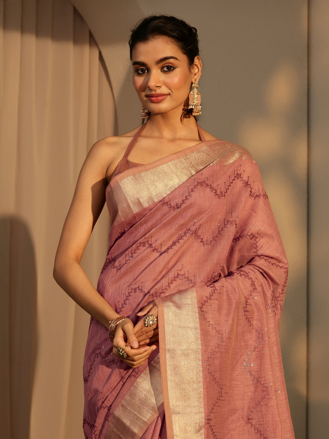  Brown Chevron Embroidered Cotton Blend Saree 