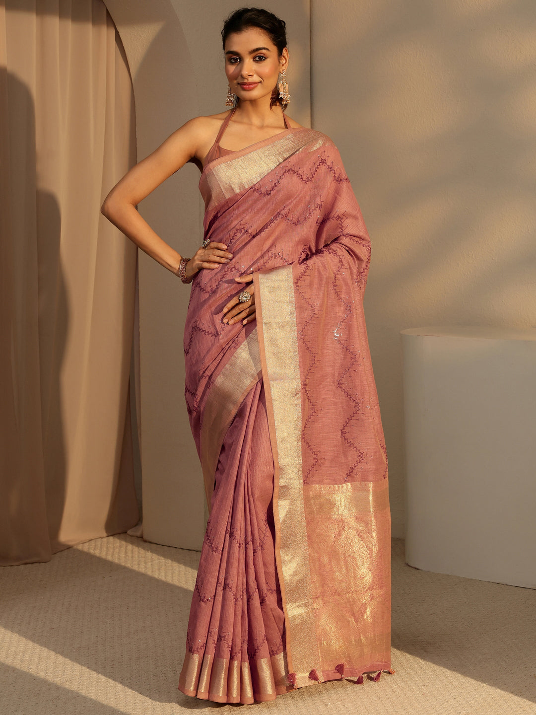  Brown Chevron Embroidered Cotton Blend Saree 