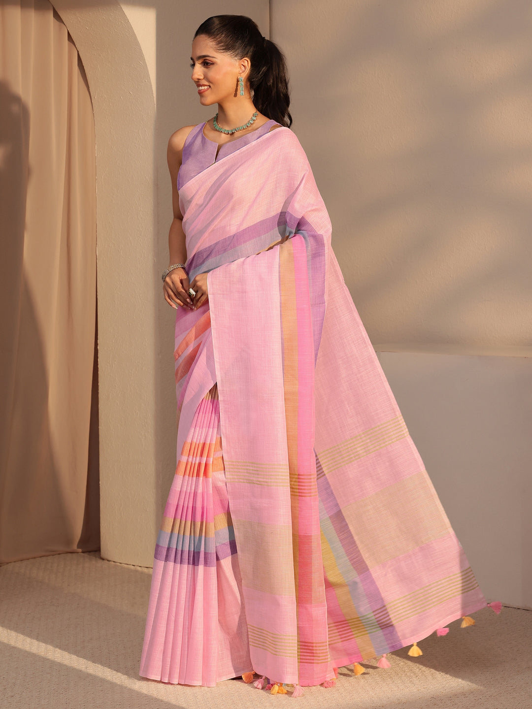  Pink Colorblock Printed Cotton Blend Saree 