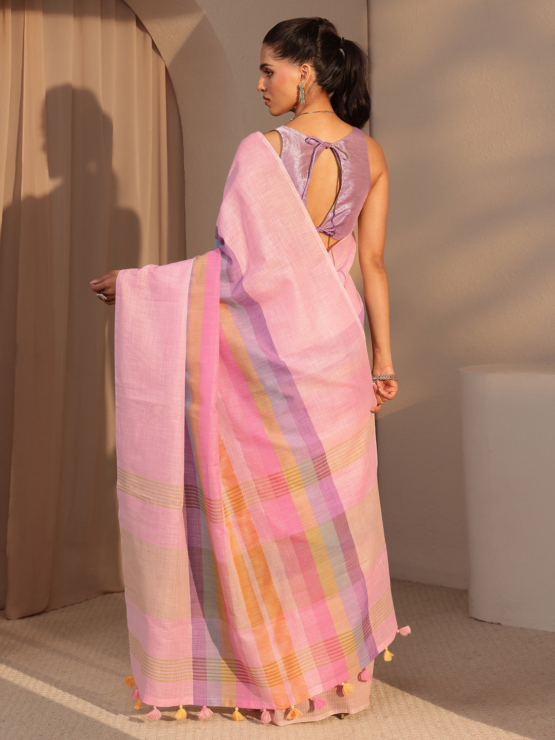  Pink Colorblock Printed Cotton Blend Saree 