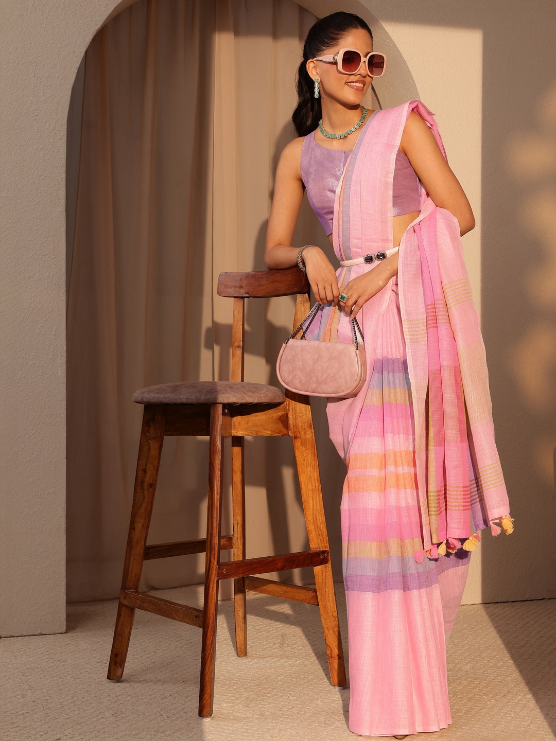  Pink Colorblock Printed Cotton Blend Saree 